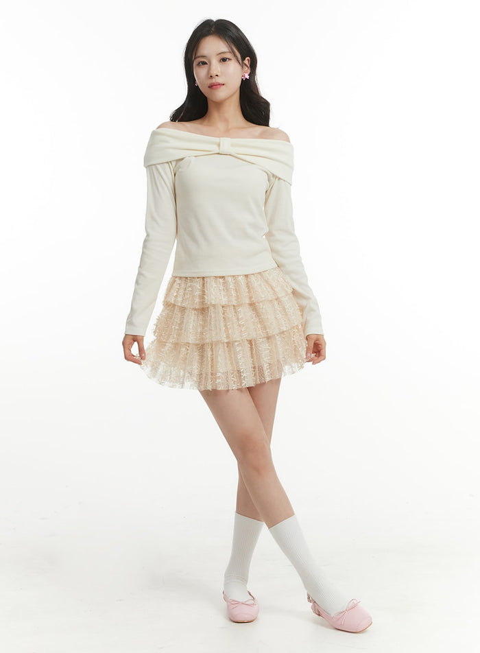 lace-frill-mini-skirt-of428 / Beige