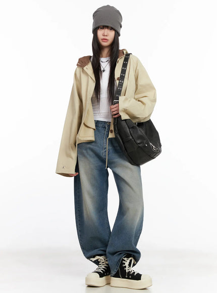 two-tone-short-trench-hooded-jacket-cm512 / Beige