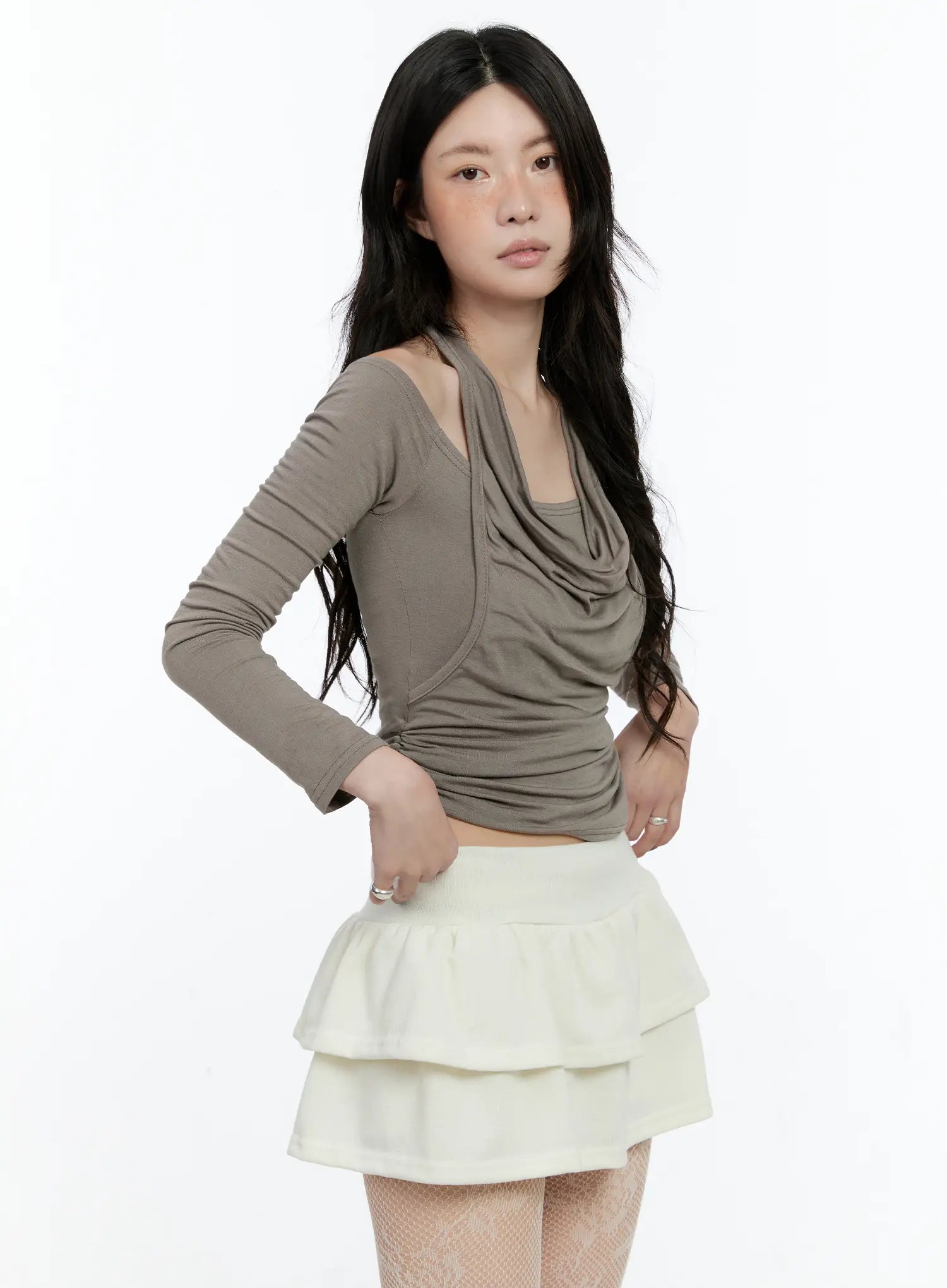 draped-halter-layered-long-sleeve-top-cn517 / Beige