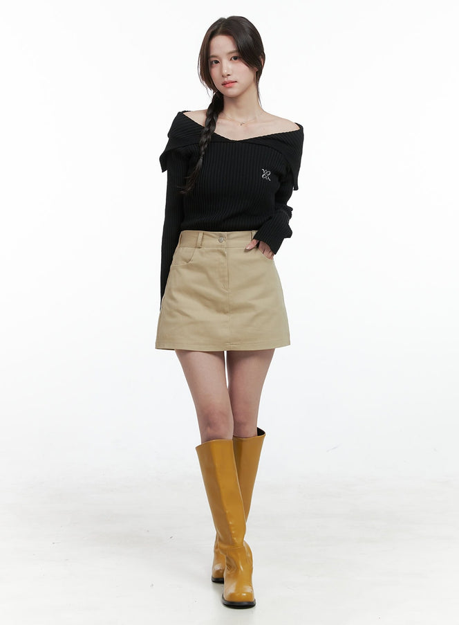 solid-cotton-mini-skirt-og409 / Beige