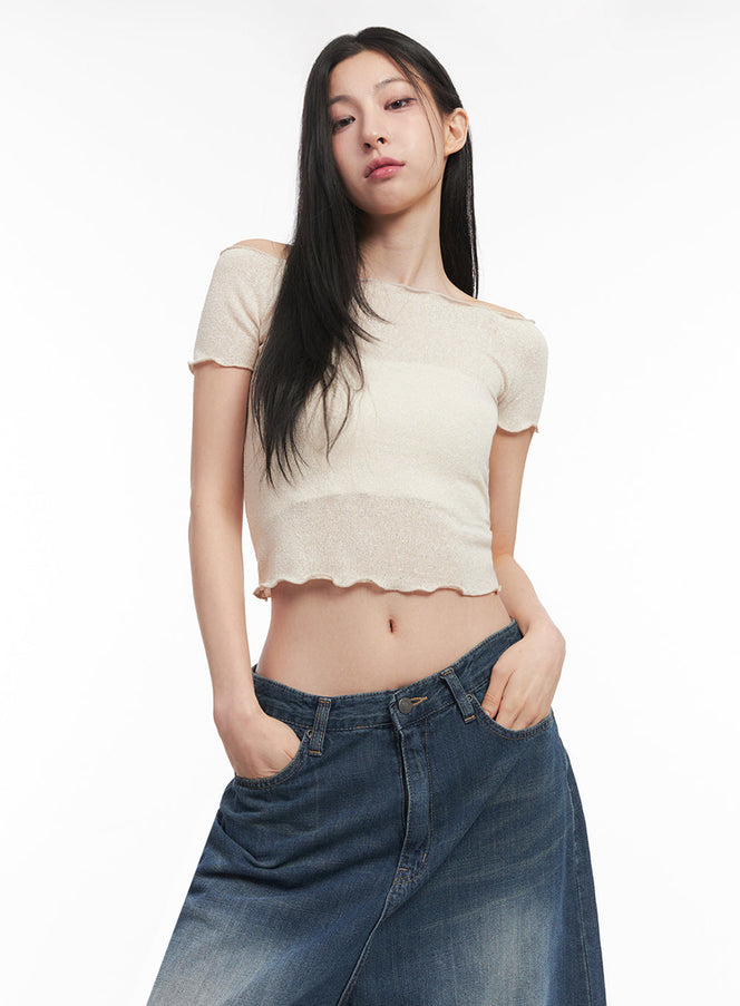 sheer-frill-off-shoulder-crop-top-iy516 / Beige