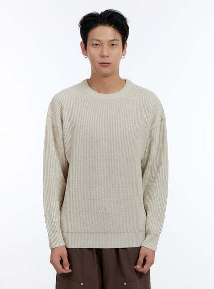 mens-round-neck-knit-sweater-io428 / Beige