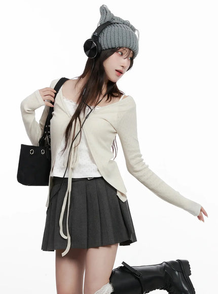 elegant-tie-front-ribbon-cardigan-in514 / Beige