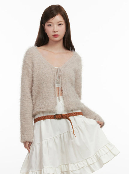 fuzzy-ribbon-tie-cardigan-ij527 / Beige