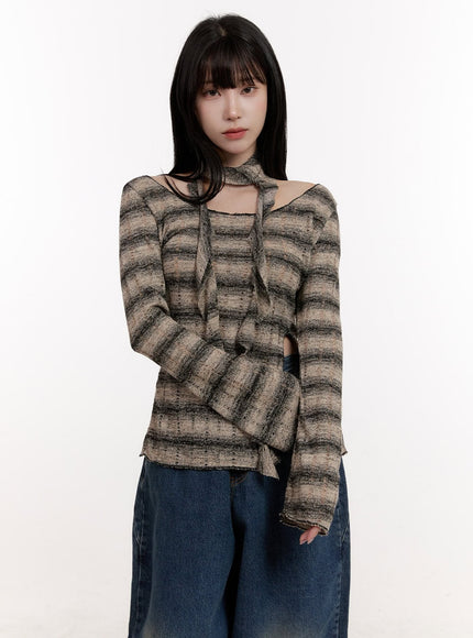 Distressed Striped Sweater with Scarf CJ531