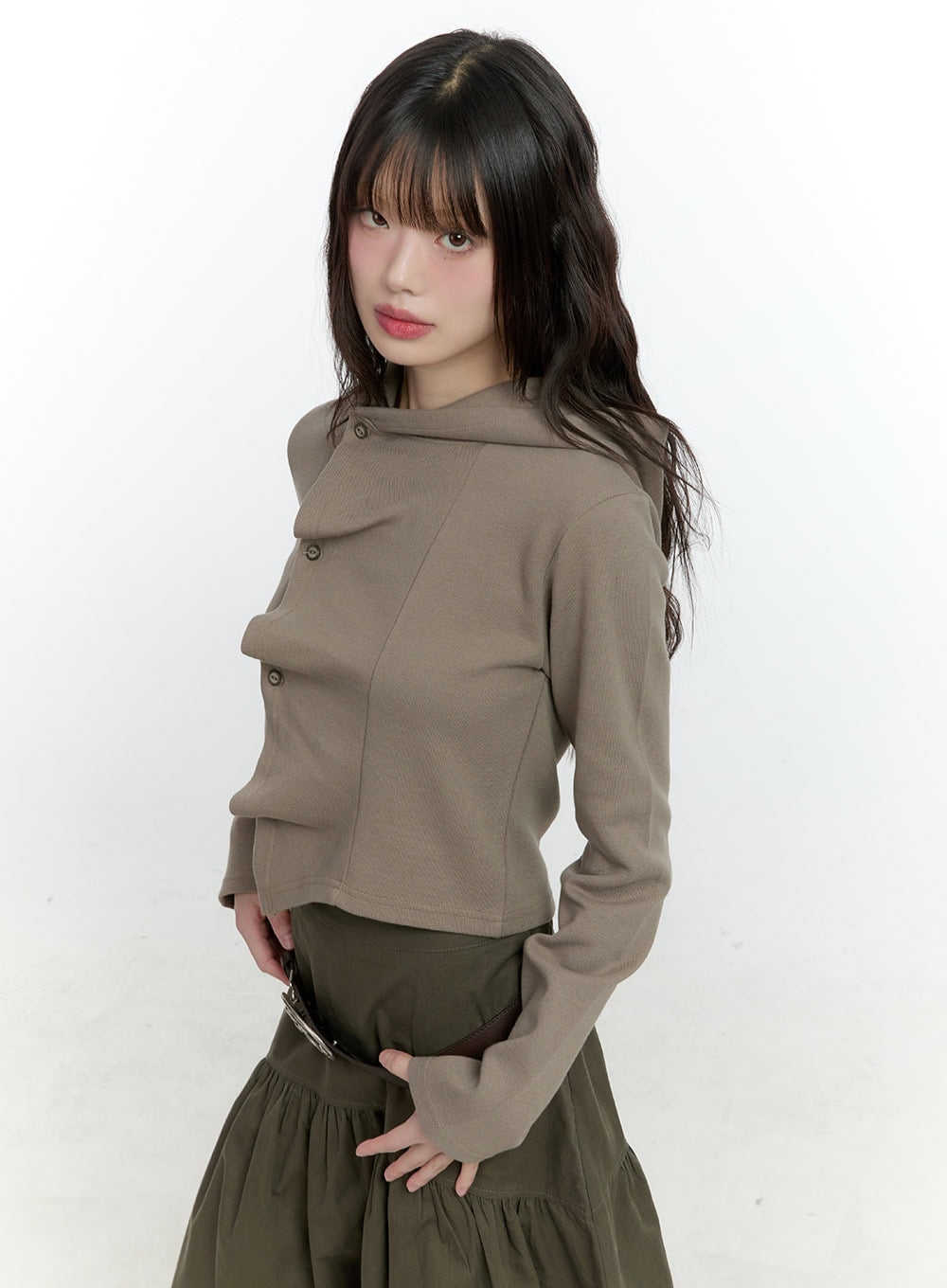 shirring-buttoned-hooded-cardigan-cf506 / Beige