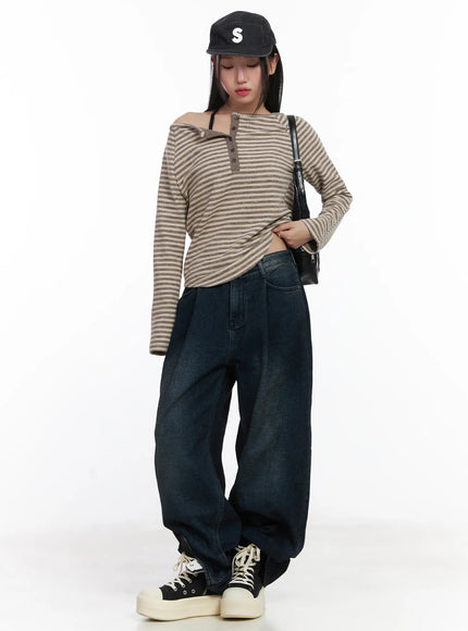 fleece-striped-button-long-sleeve-top-cd529 / Beige