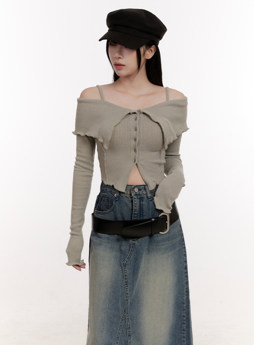 strapped-off-shoulder-long-sleeve-crop-top-cj529 / Beige