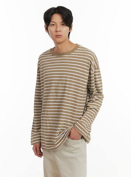 mens-stripe-crew-neck-long-sleeve-top-iy410 / Beige