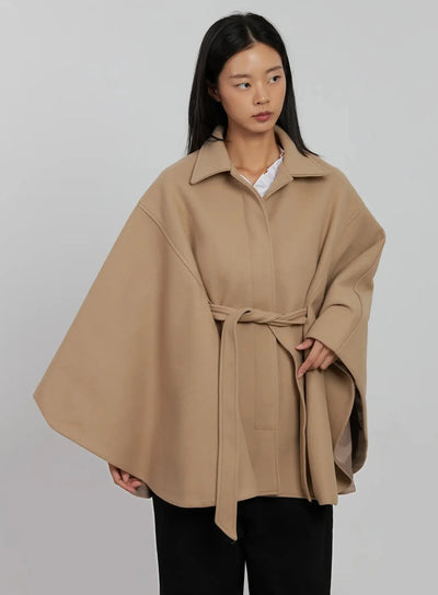 tie-waist-cape-coat-ij509 / Beige