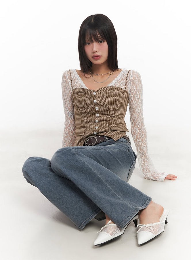 checked-corset-wired-cami-top-ca522 / Beige
