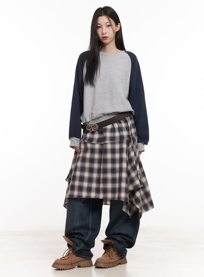 checkered-ruffle-flare-midi-skirt-cm518 / Beige