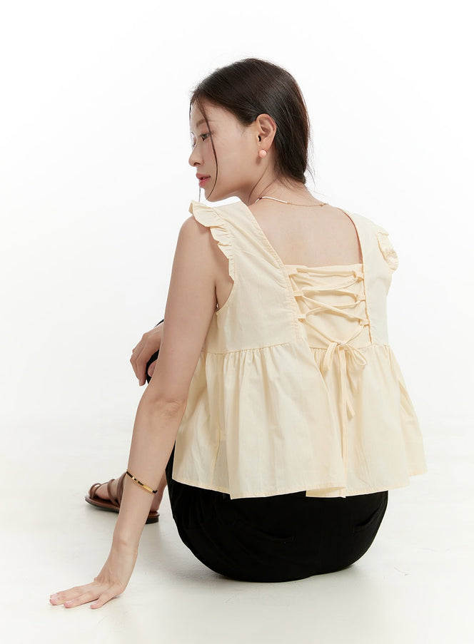 cotton-frill-v-neck-sleeveless-top-ol424 / Beige