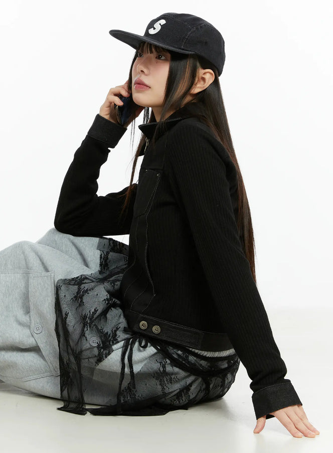 ribbed-zip-up-denim-jacket-cf509 / Black