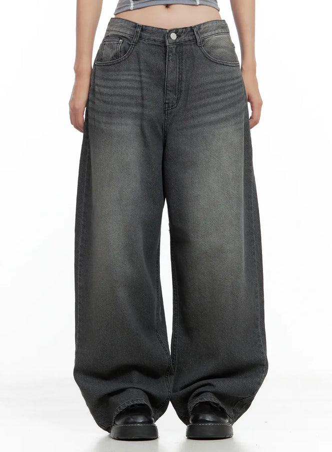 kumi-washed-wide-leg-denim-jeans-cl508 / Black