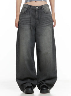 kumi-washed-wide-leg-denim-jeans-cl508 / Black