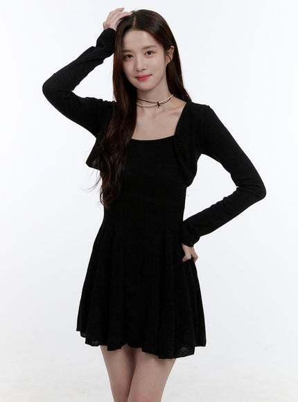 solid-charm-mini-dress-and-cardigan-set-oo407 / Black