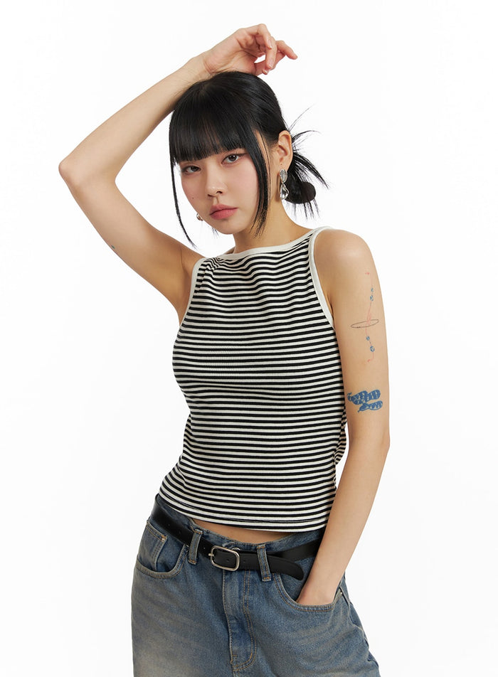 striped-cotton-sleeveless-top-im414 / Black