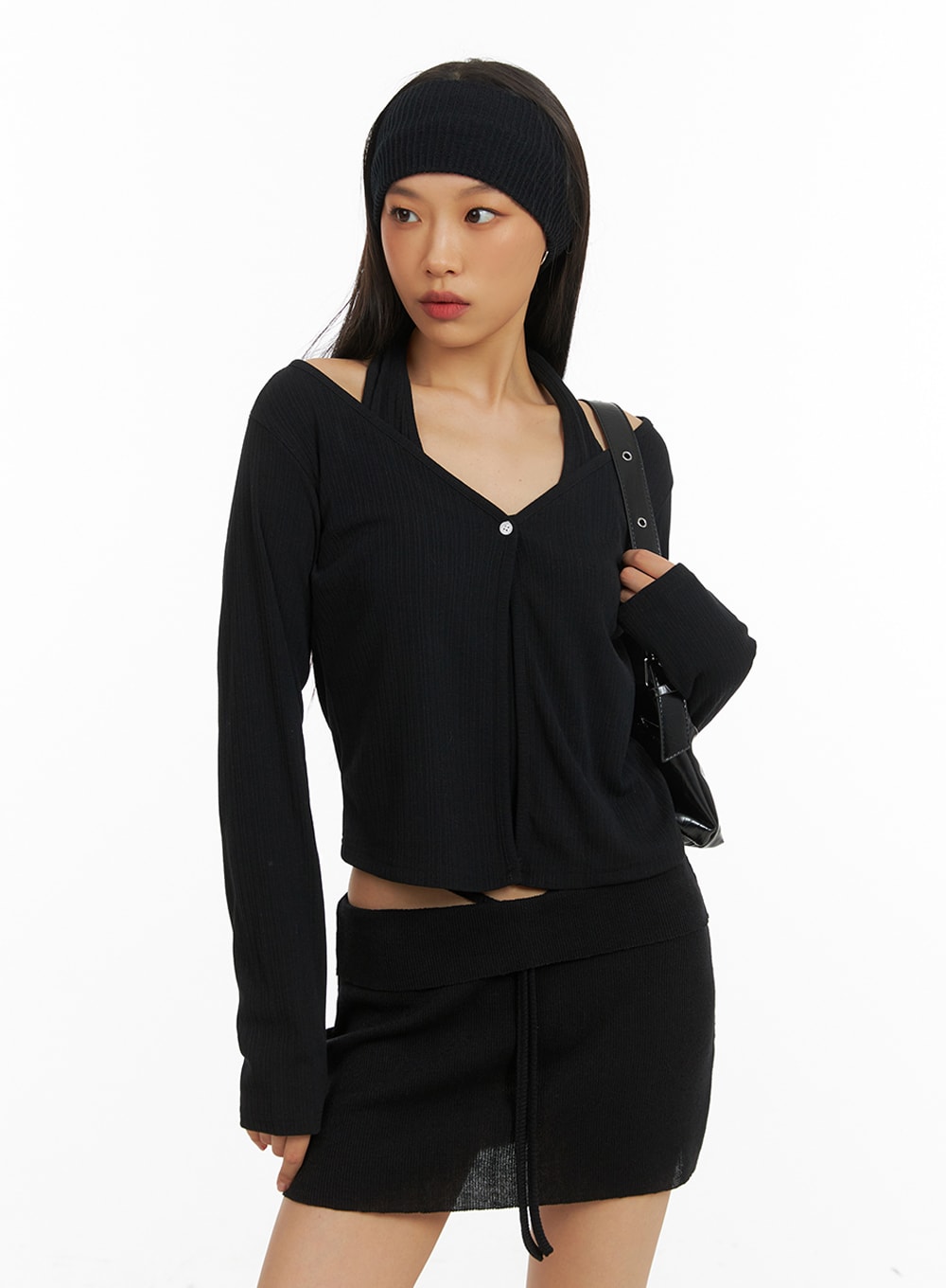 halter-neck-layered-crop-cardigan-ia417 / Black