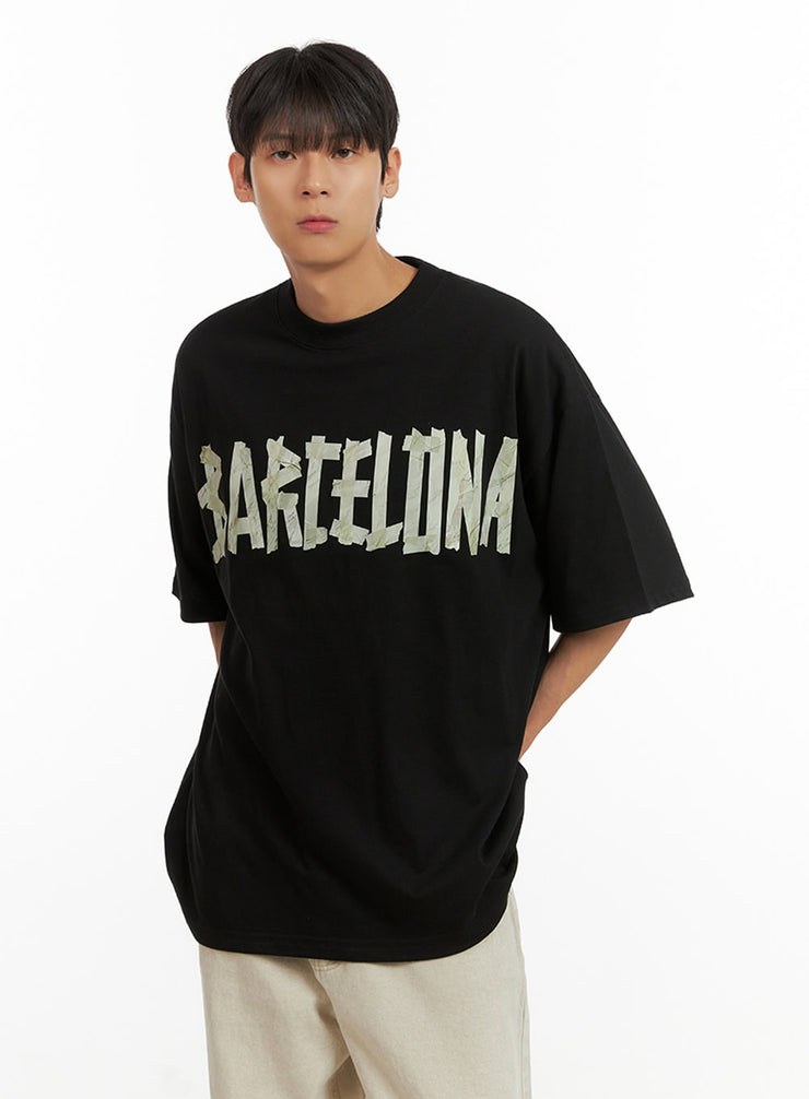 mens-barcelona-cotton-graphic-oversize-t-shirt-iu419 / Black