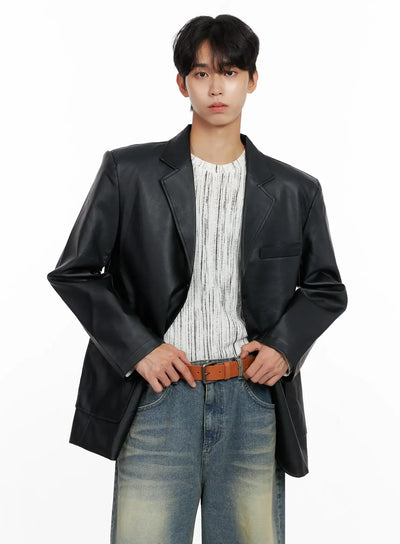 mens-faux-leather-blazer-jacket-io516 / Black