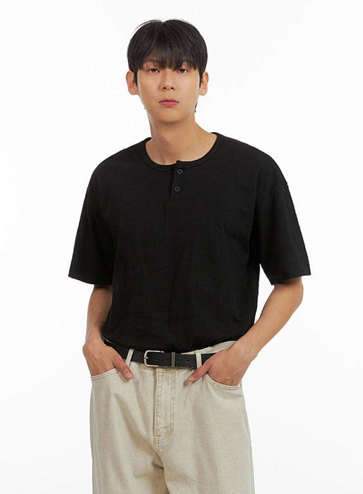 mens-cotton-round-neck-button-t-shirt-black-iu419 / Black