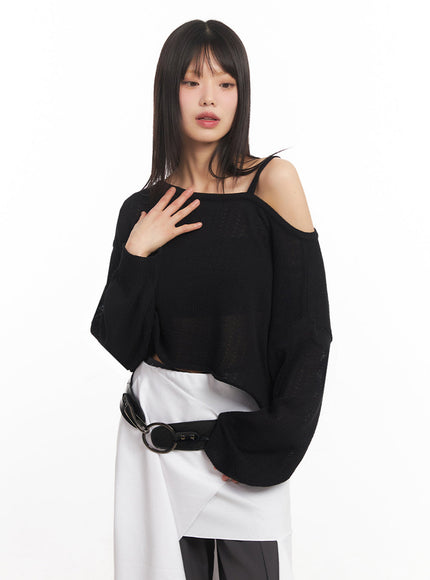 one-shoulder-strap-long-sleeve-crop-top-iy502 / Black