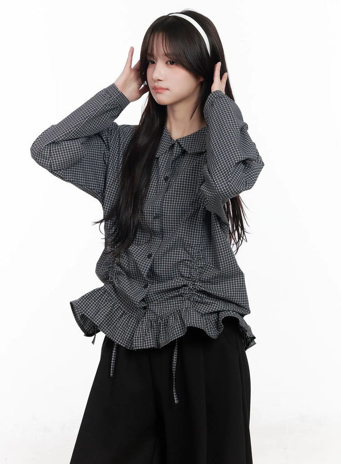 oversized-checkered-drawstring-shirt-cm531 / Black