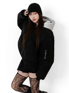 corduroy-hooded-bomber-jacket-ij521 / Black