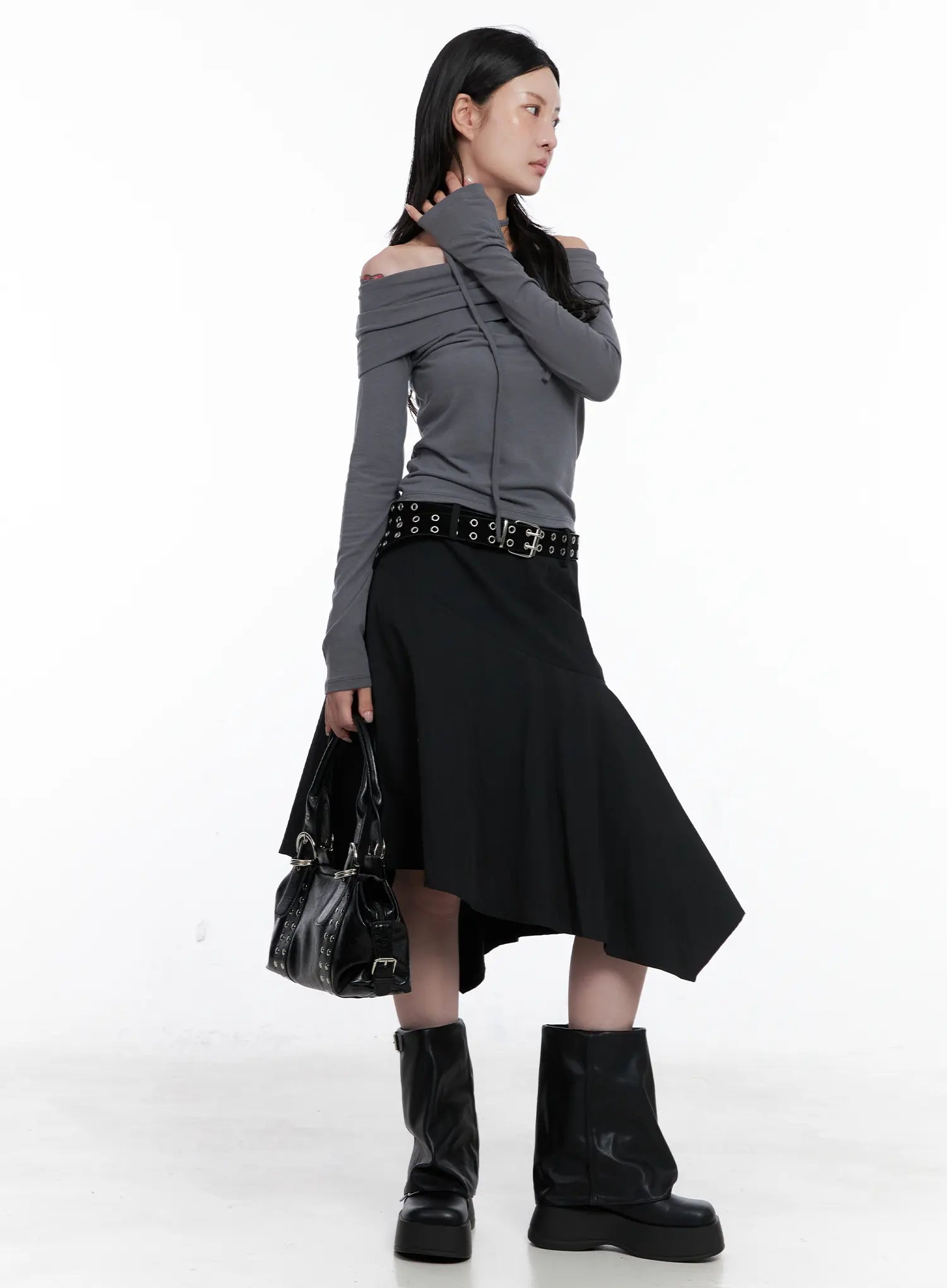 asymmetrical-midi-skirt-cs526 / Black