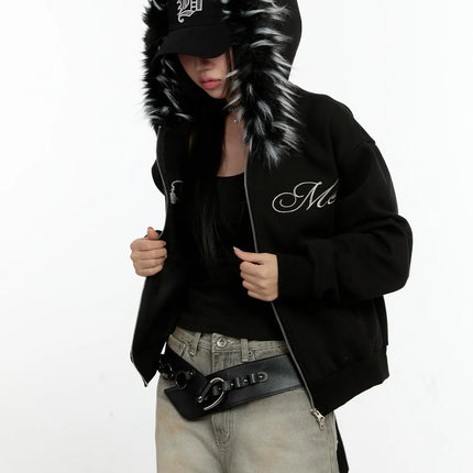 faux-fur-zip-up-hoodie-cn506 / Black