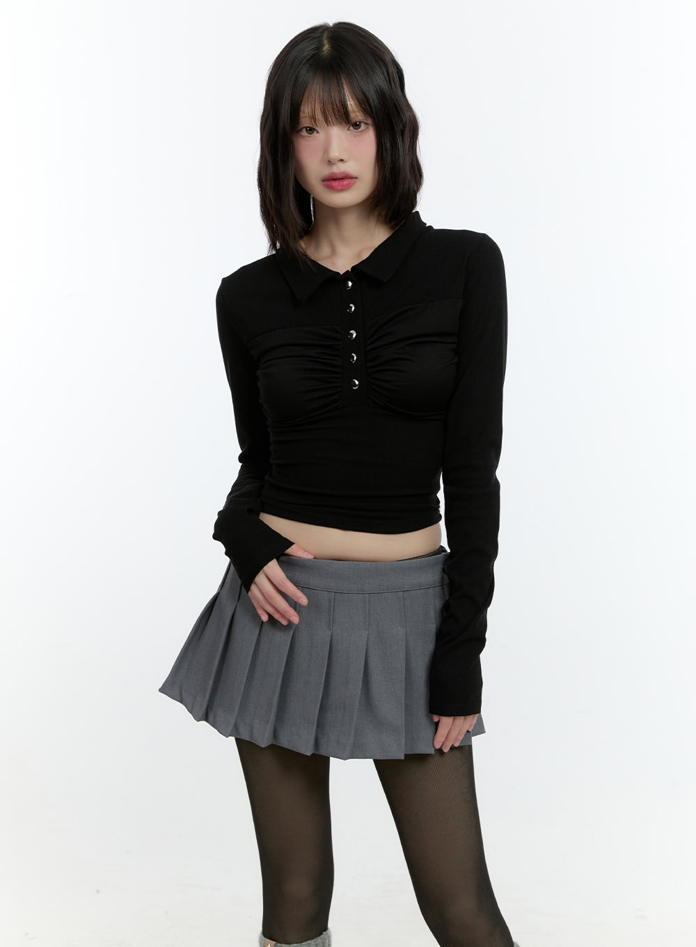 shirring-long-sleeve-collared-crop-top-cf507 / Black