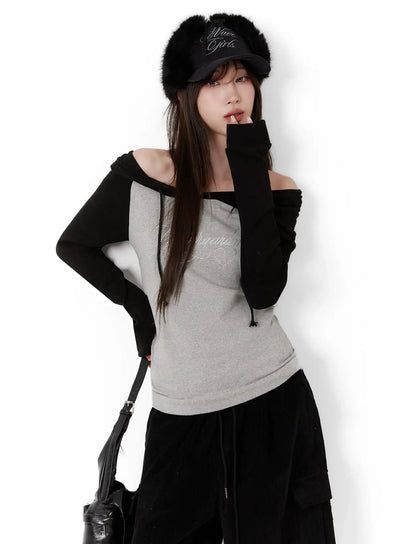 off-shoulder-hooded-lettering-top-ij521 / Black