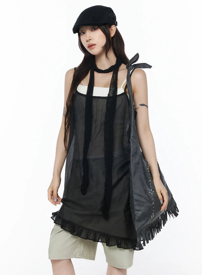 sheer-ruffle-trim-midi-dress-cu504 / Black