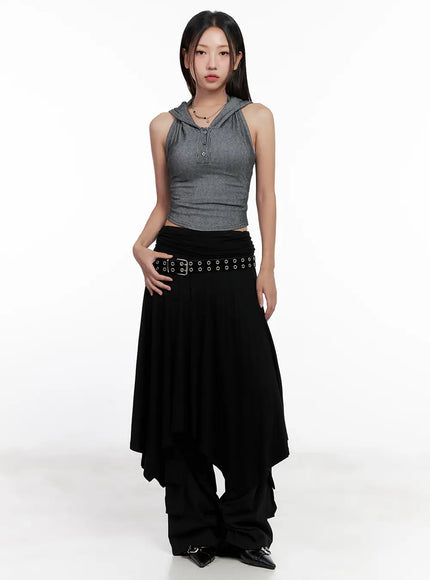 asymmetric-frill-midi-skirt-cl518 / Black