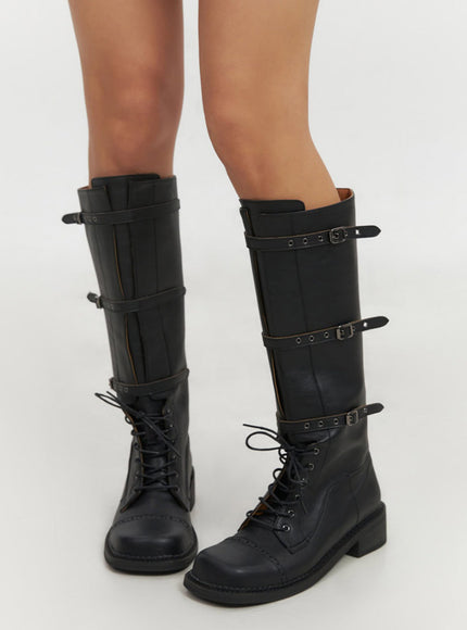 Lace-Up Buckle Faux-Leather Long Boots IF510