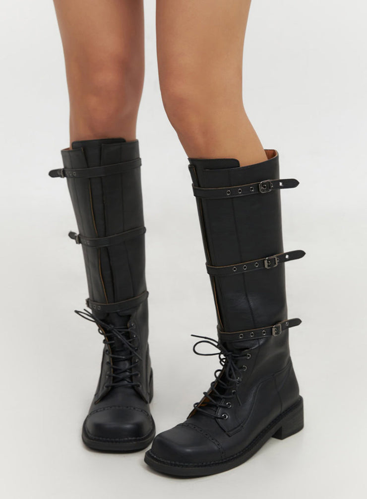 Lace-Up Buckle Faux-Leather Long Boots IF510