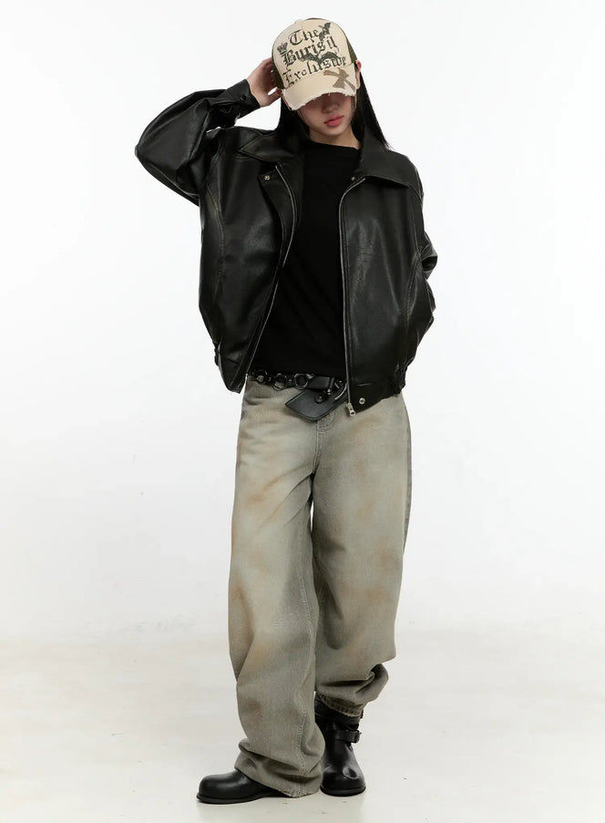 oversized-faux-leather-collar-jacket-co419 / Black