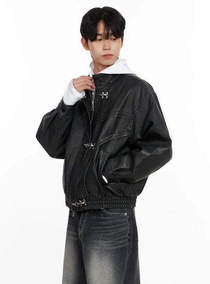 Men's Faux Leather Toggle Buckle Jacket IO516