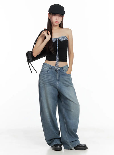 contrast-plaid-tie-tube-top-cl508 / Black