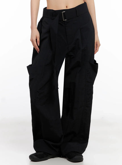 belted-wide-leg-utility-cargo-pants-ig508 / Black