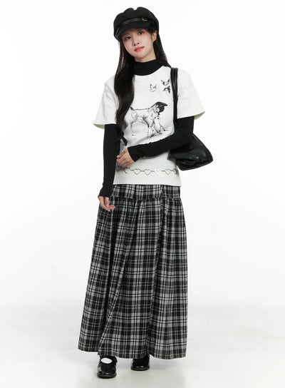 plaid-frill-maxi-skirt-cn527 / Black