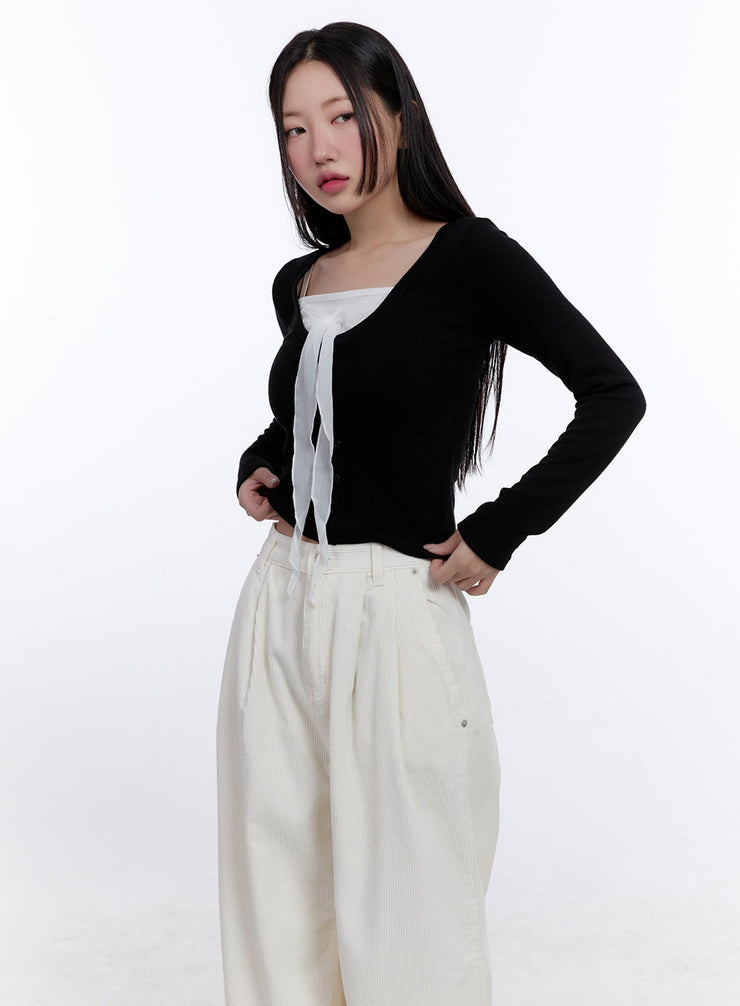 elegant-ribboned-long-sleeve-top-cj513 / Black