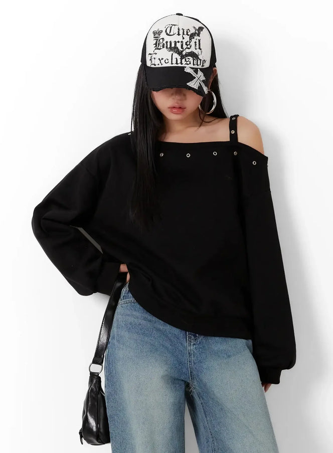 one-shoulder-eyelet-sweatshirt-id525 / Black