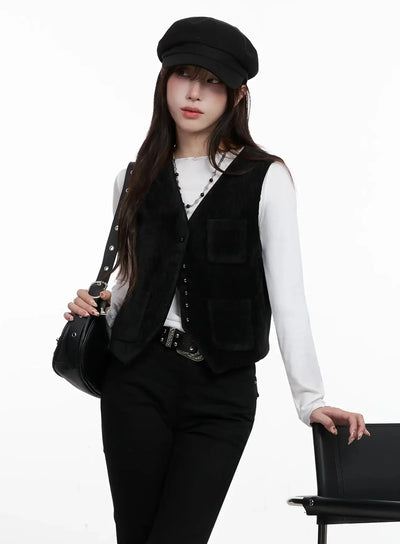 velvet-buttoned-vest-in514 / Black