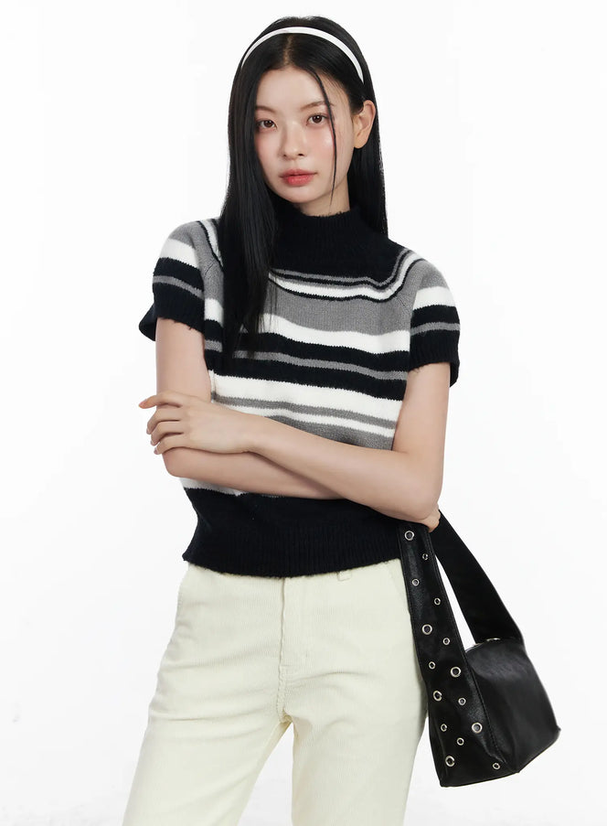 striped-turtleneck-short-sleeve-knit-top-cj520 / Black