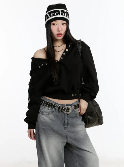 eyelet-crop-hoodie-cm511 / Black