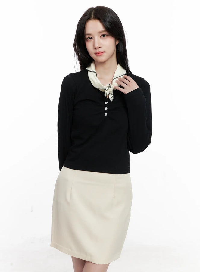 buttoned-crop-long-sleeve-top-co524 / Black
