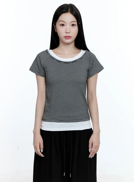 striped-layered-short-sleeve-tee-cg513 / Black