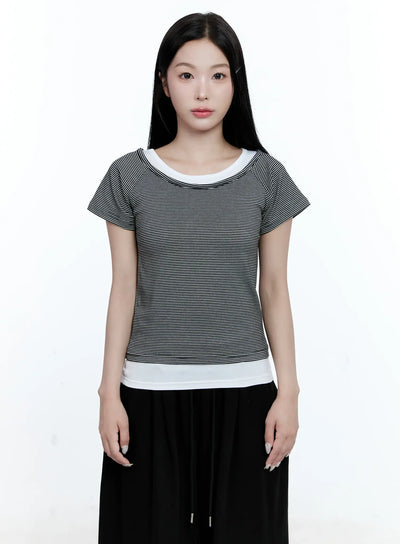 striped-layered-short-sleeve-tee-cg513 / Black